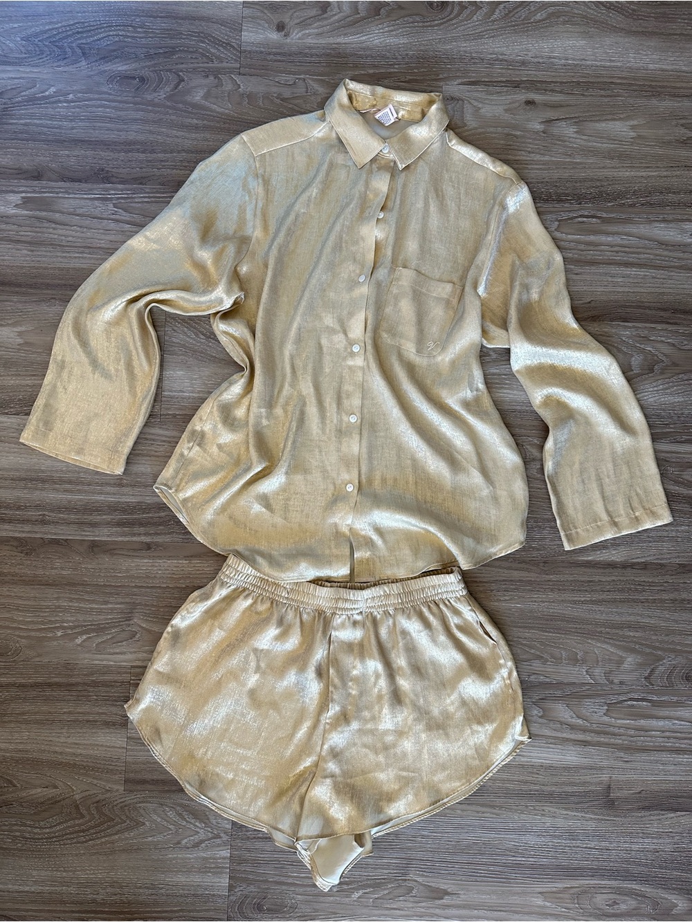 Victoria's Secret Shimmery Gold Button-Up Pajama Top & Shorts Set